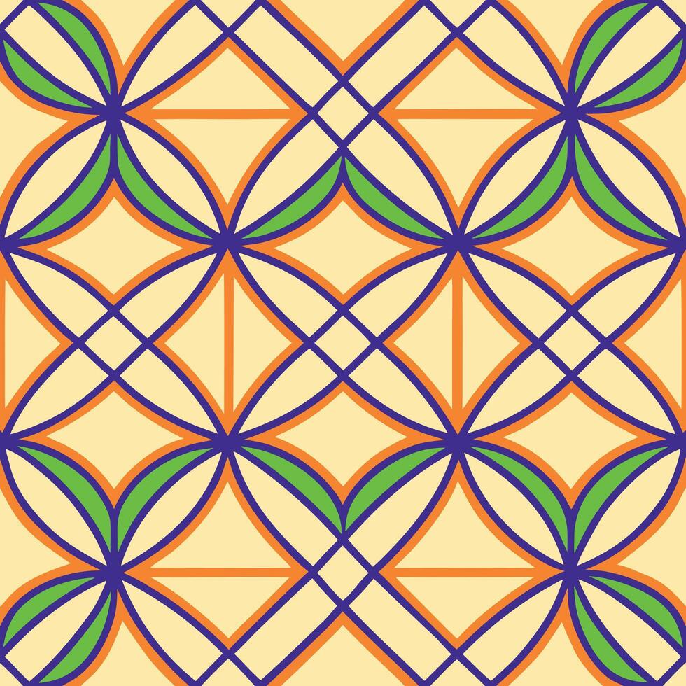 Seamless pattern with circles and squares, interlaced with blue and orange lines, green accents, on a light yellow background, creating a geomet vector