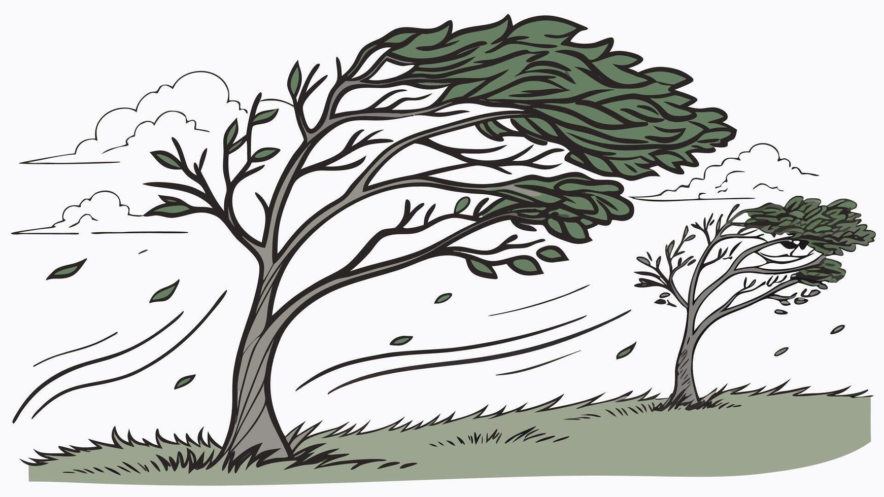 Strong gust of wind bending tree branches, dynamic energy vector