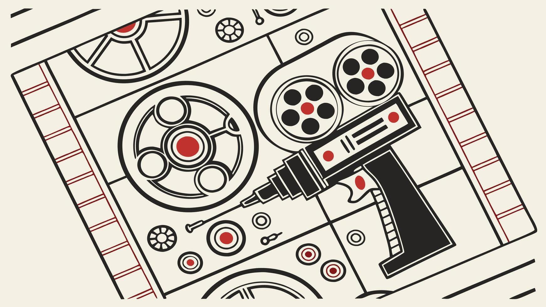A composition resembling a machine blueprint, using intersecting geometric lines and forms in black and red vector