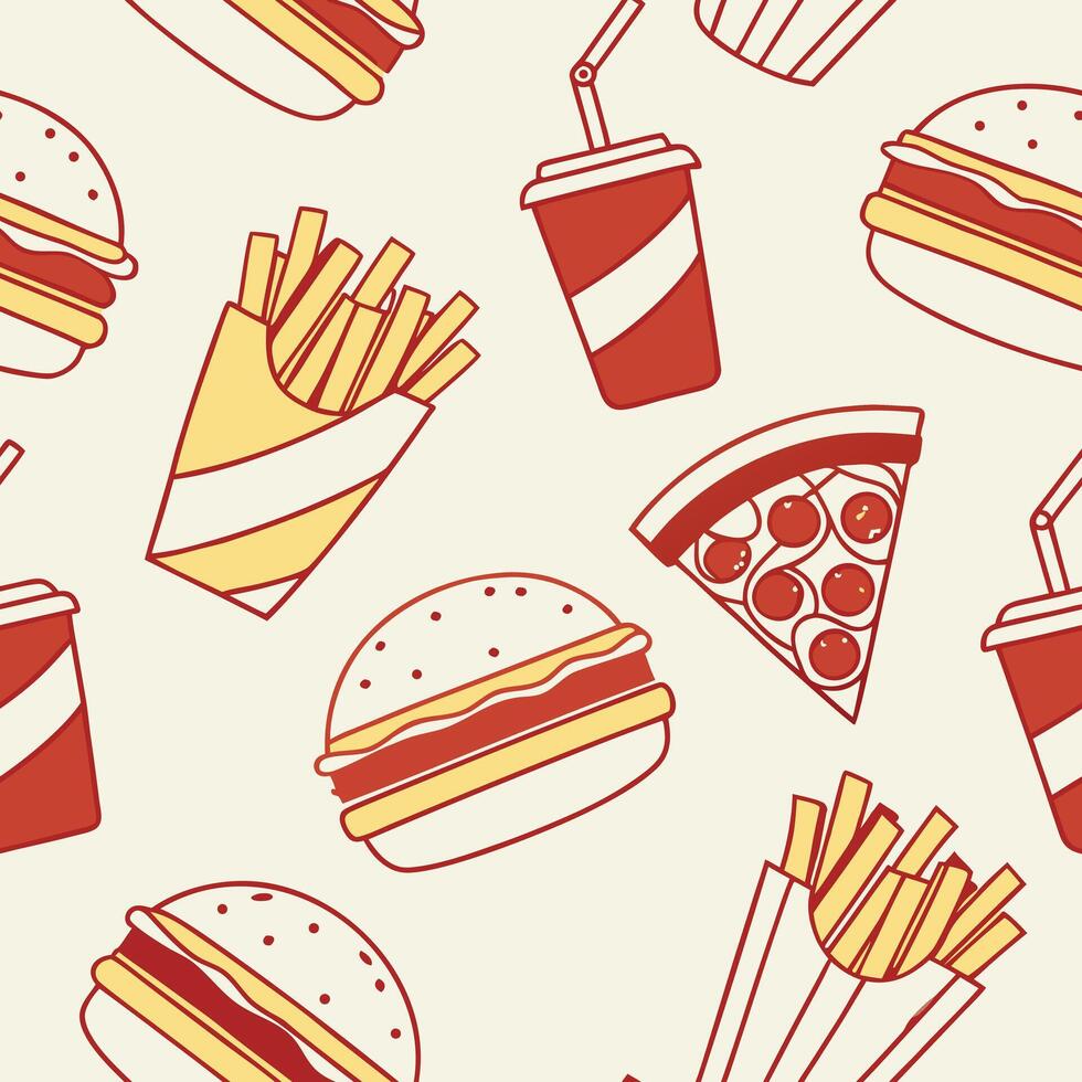 Flat burger and fries icon pattern, fast food theme in red, yellow, and beige vector