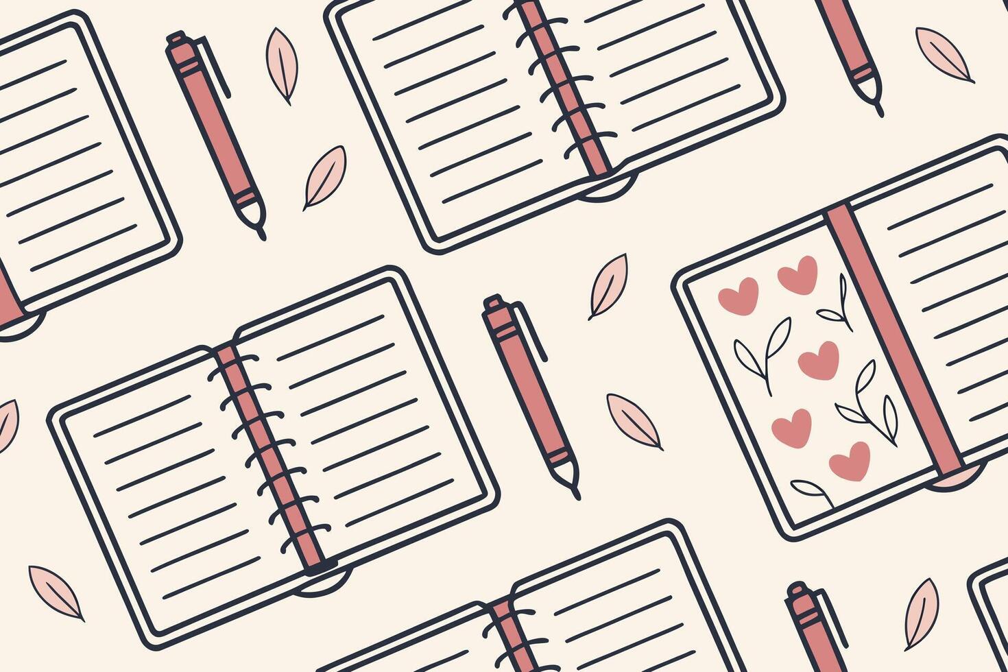 Seamless pattern of open notebooks with blank pages, pink pens, and leaves scattered around on a light beige background vector