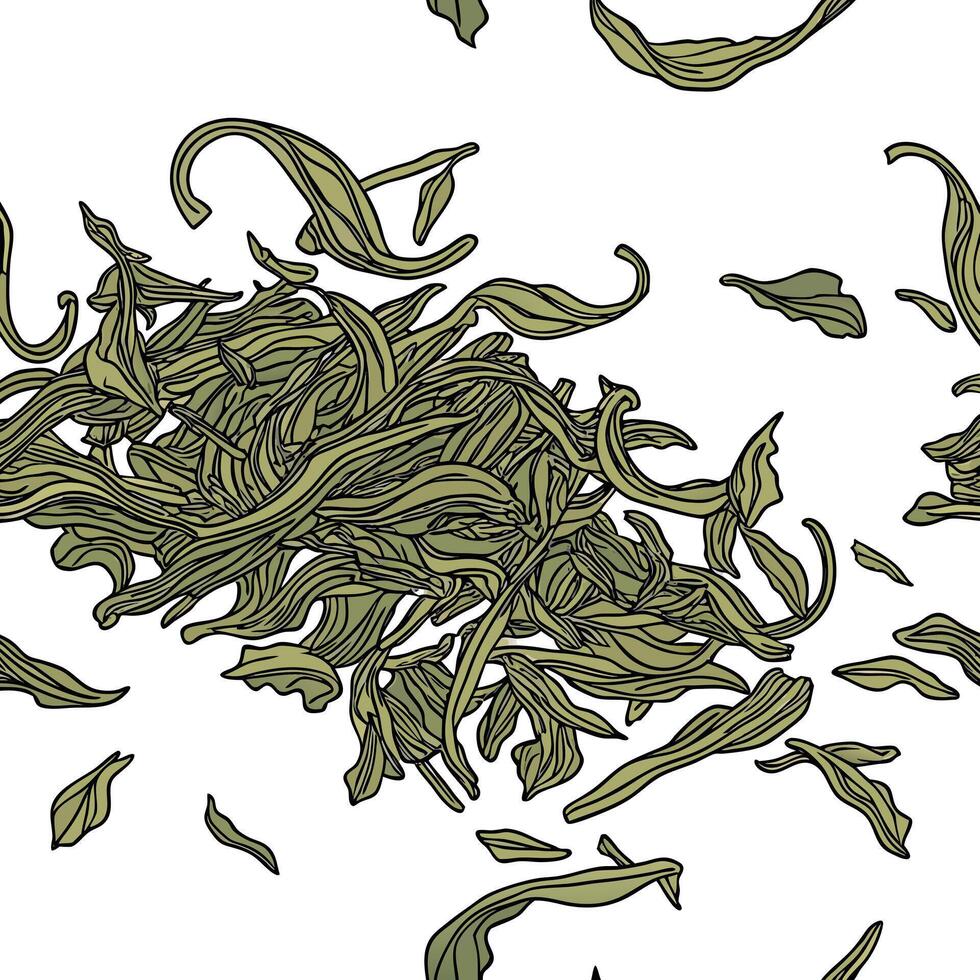 Dried tea leaves in a seamless overhead pattern, curled and crumbled texture, earthy green and brown tones vector