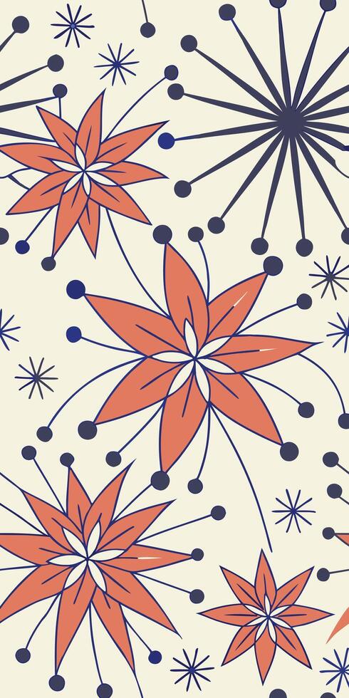 Seamless pattern of orange flowers with blue details and dots on a cream background, vintage style, floral pattern, decorative, wallpaper vector