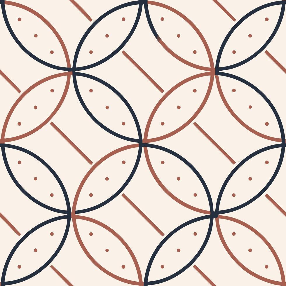 Seamless pattern of intersecting circles in navy and brown, with small dots inside each circle, and diagonal lines on a cream background vector