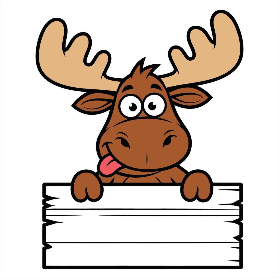 Cartoon moose with hooves rest on a blank wooden sign vector