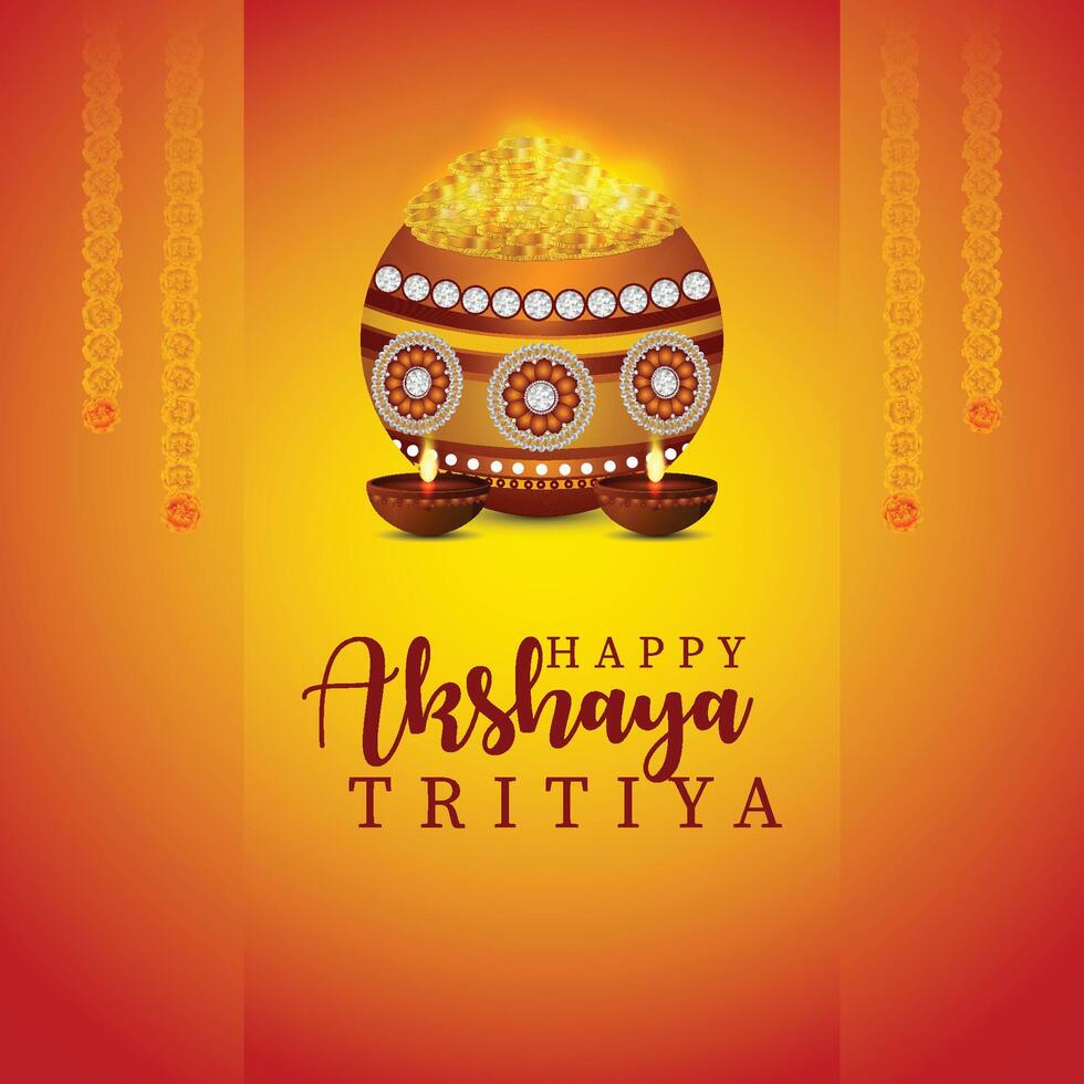Happy akshaya tritya with gold coins and gold diya vector