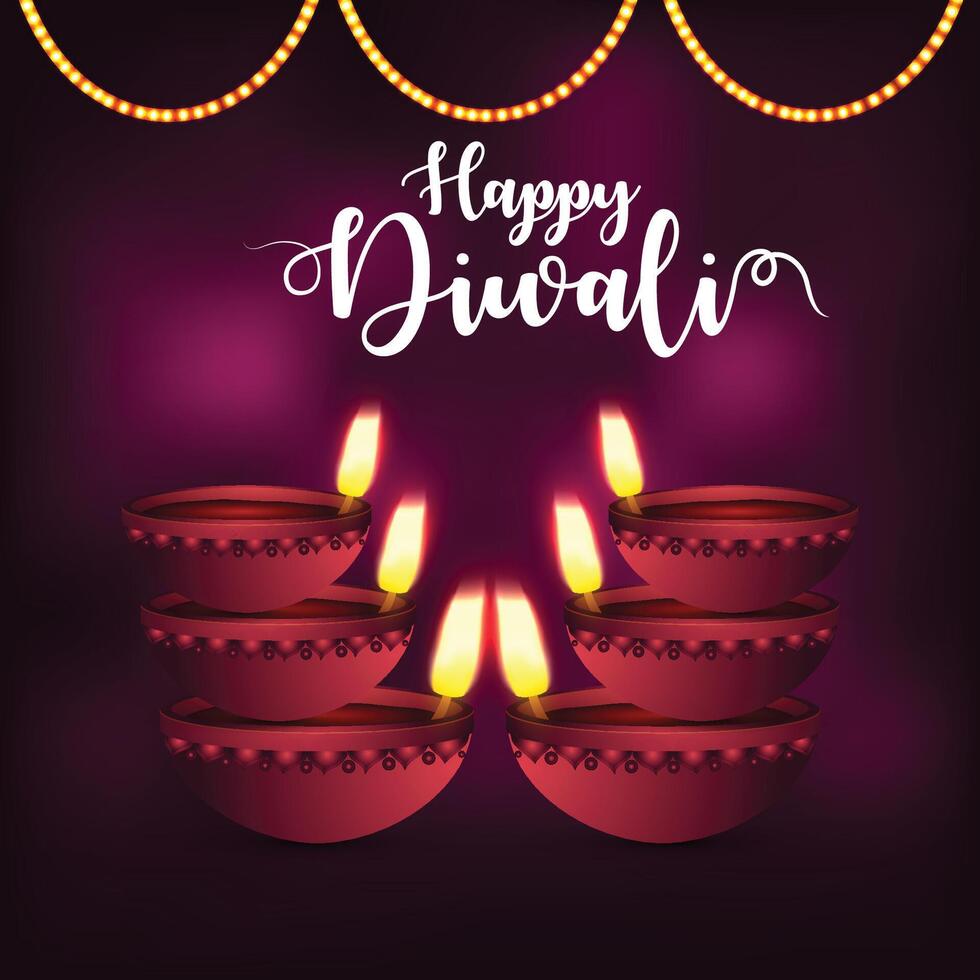 Five decorative Diwali diyas with flames vector