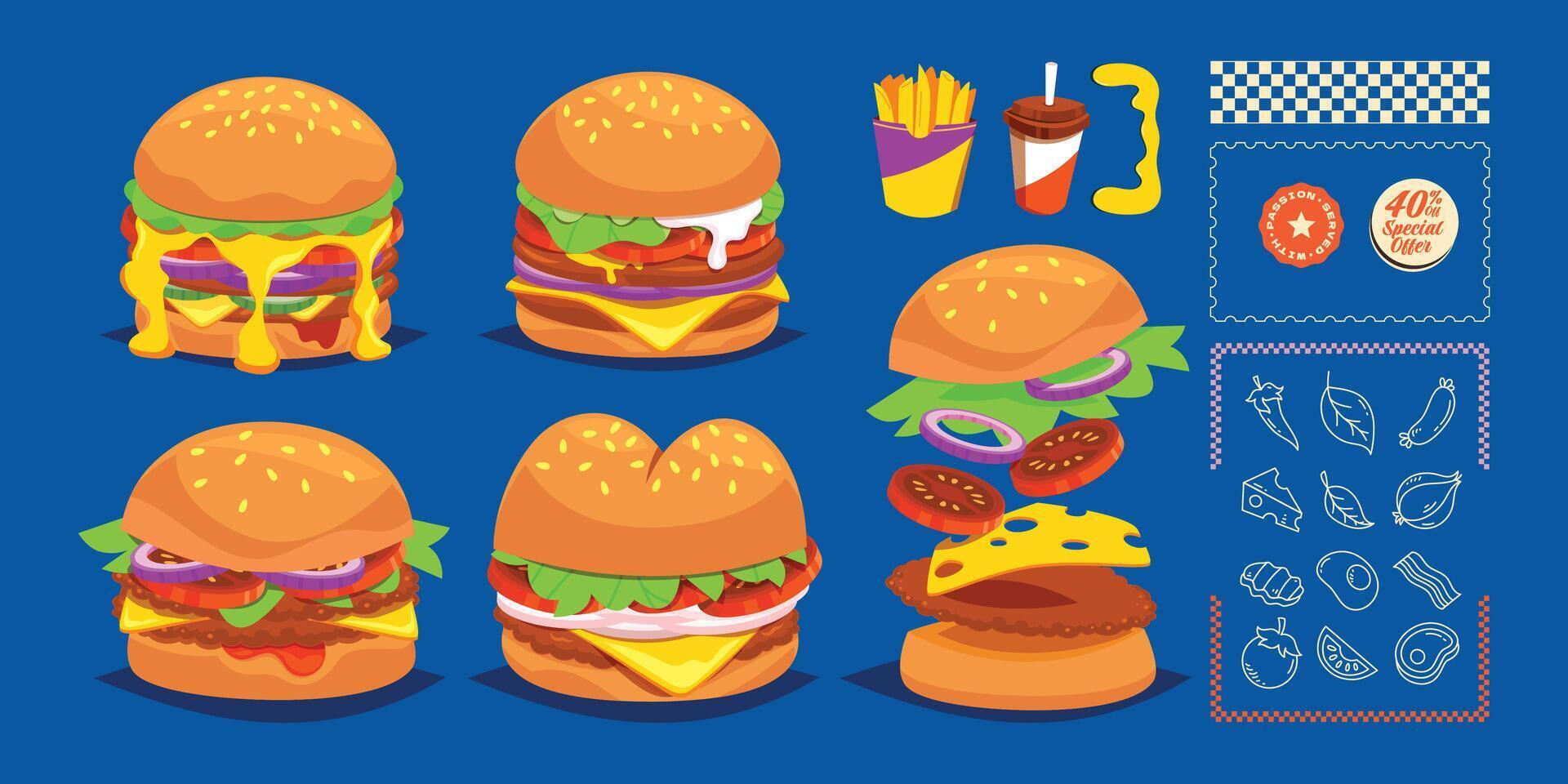 Variety of colorful burgers and sides. vector
