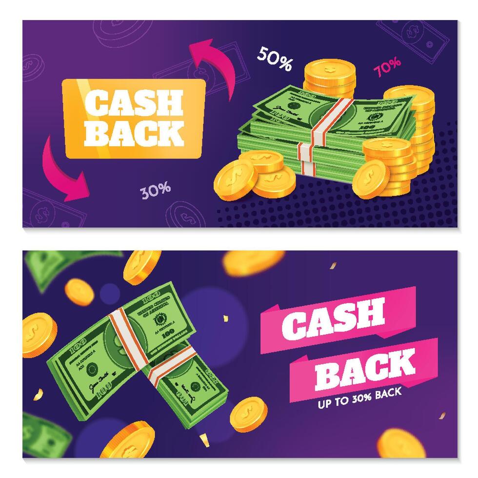 Cash back promotions with money and coins vector