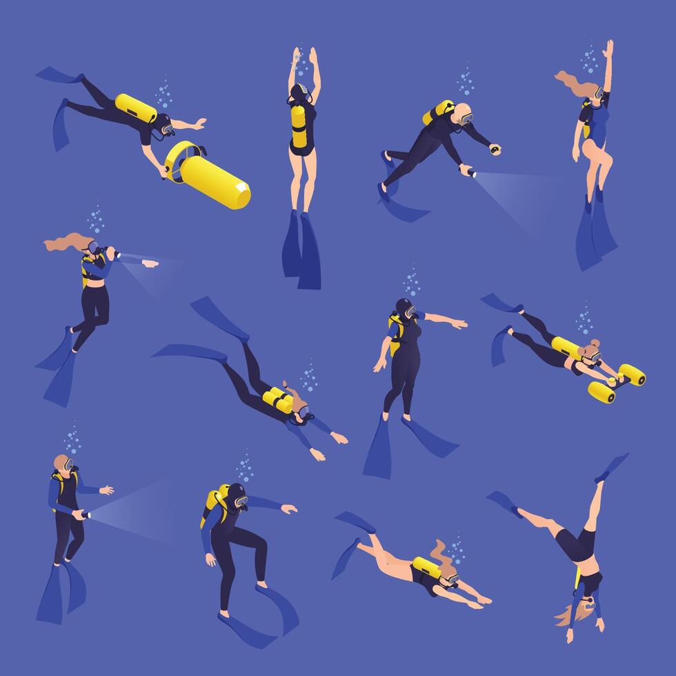 Scuba divers in various underwater activities vector