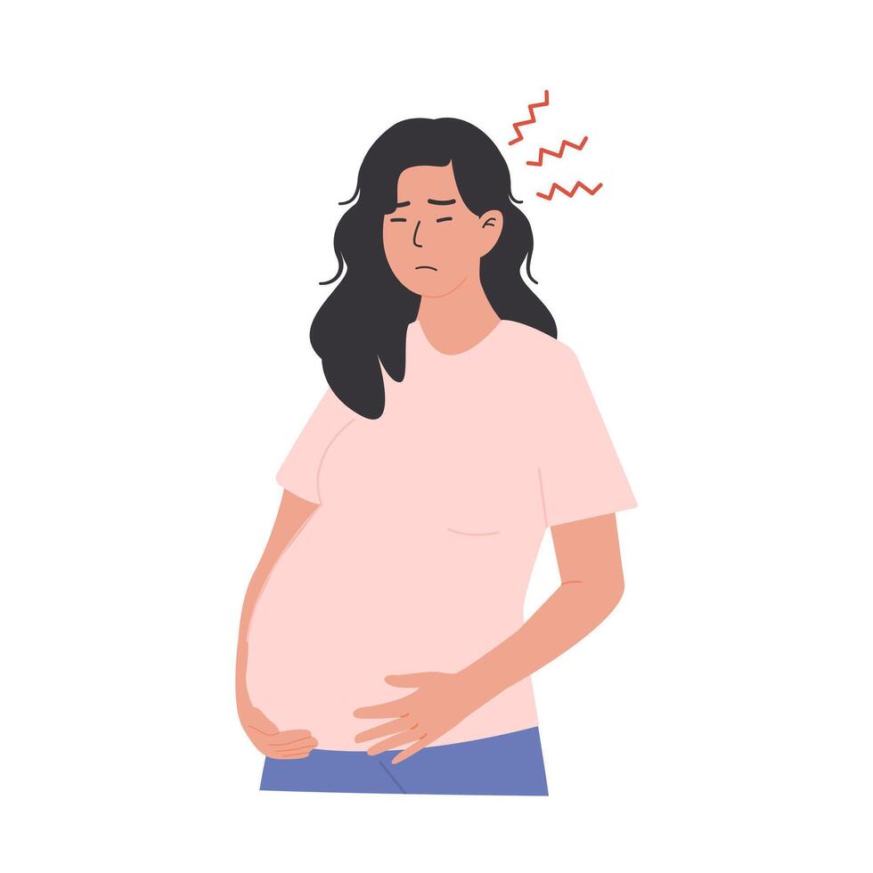 Pregnant woman in third trimester experiencing headache, discomfort, pain and fatigue symptoms. Late pregnancy hormonal changes and physical strain. Illustration isolated on white background. vector
