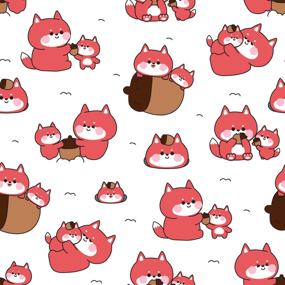 Seamless pattern of cute mom fox and baby in various poses with acorn on snow winter background.Mother day.Love.Wild animal character cartoon design.Kawaii..Illustration. vector