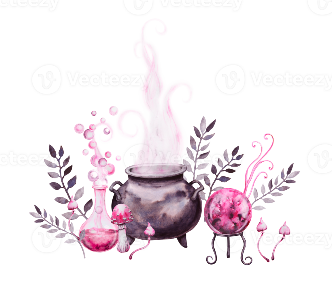 Watercolor illustration of a magical potion scene with a witch cauldron, bubbling flask, crystal ball, mushrooms, leaves and pink smoke. Hand drawn Halloween or fantasy clipart. png