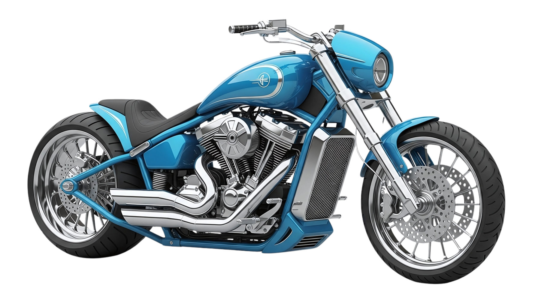 Sleek blue custom chopper motorcycle with chrome engine and intricate wheel design png