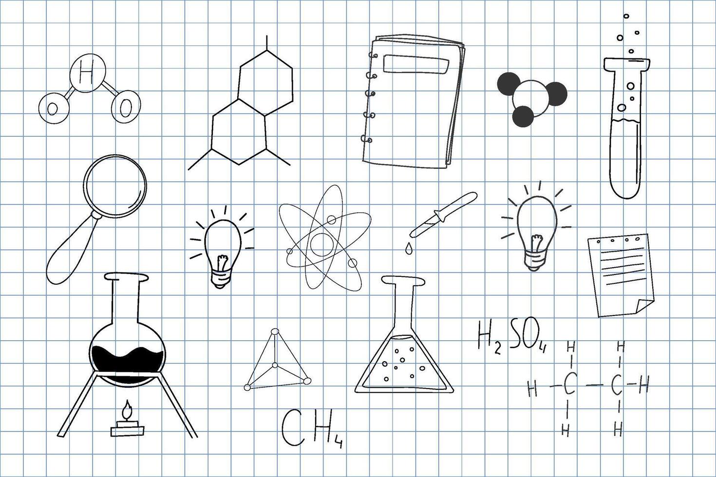 Chemistry research hand drawn sketch doodle line icons. Flasks and tubes back to school elements. Education science lab drawing. vector