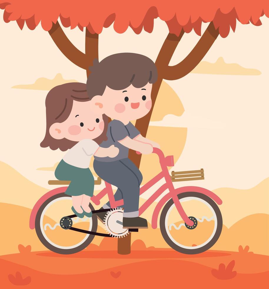 Kids riding a pink bicycle together vector