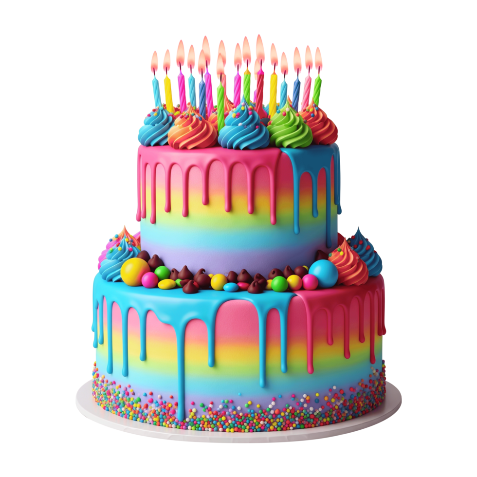A vibrant two tiered rainbow birthday cake with dripping icing and lit candles isolated on transparent background png