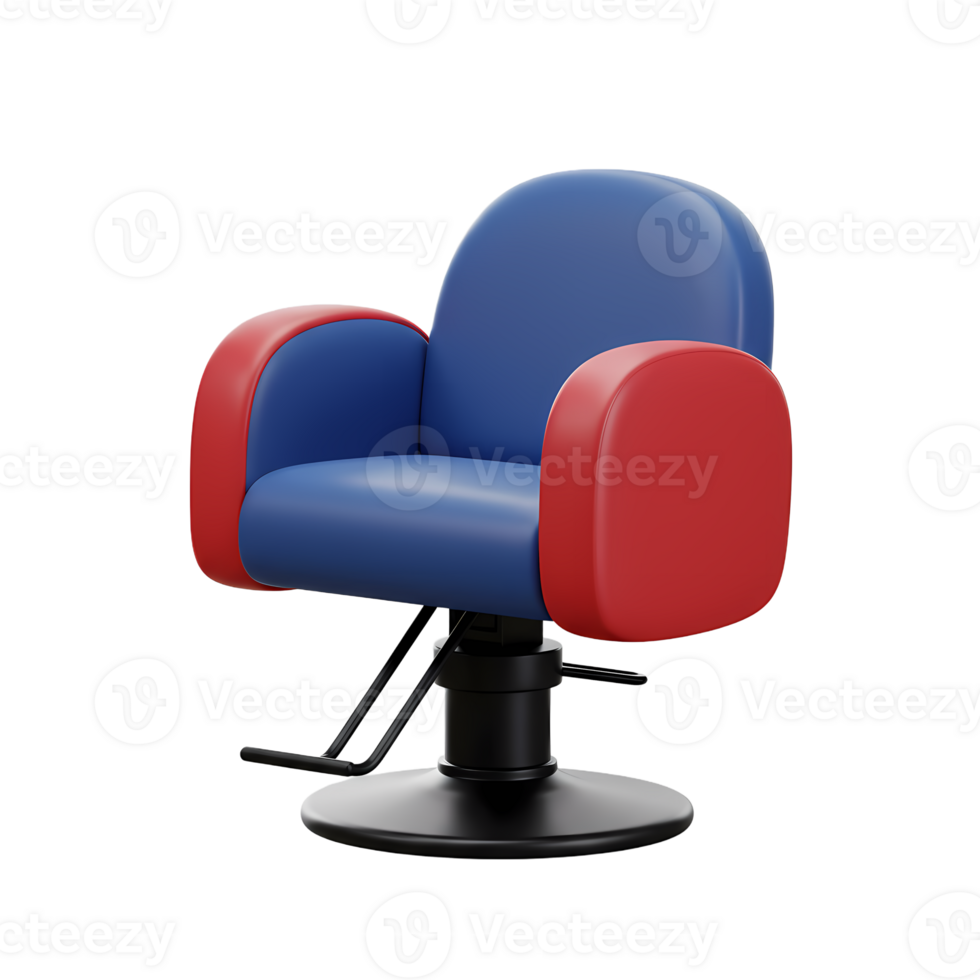 3D Render of Modern Blue Salon Chair with Red Armrests and Black Base for Hairdressing and Beauty Salon png