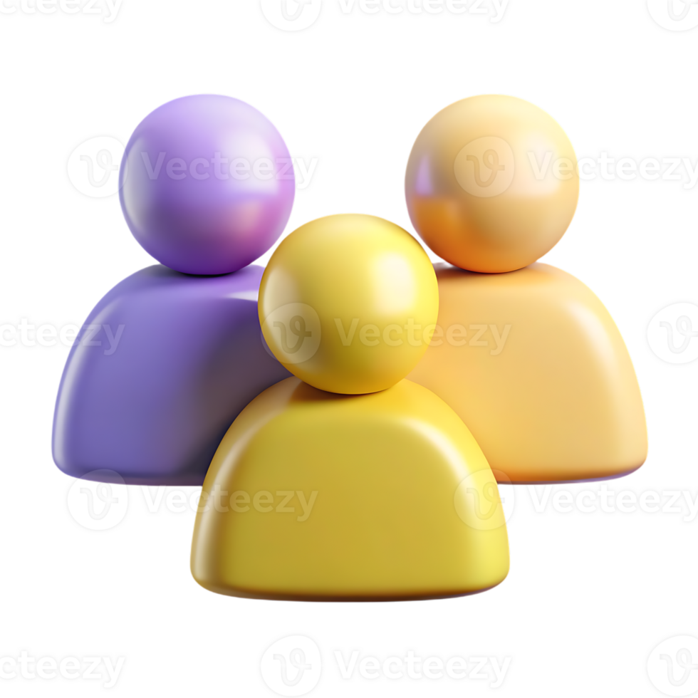 Three abstract people icons in purple yellow and orange isolated on transparent background png