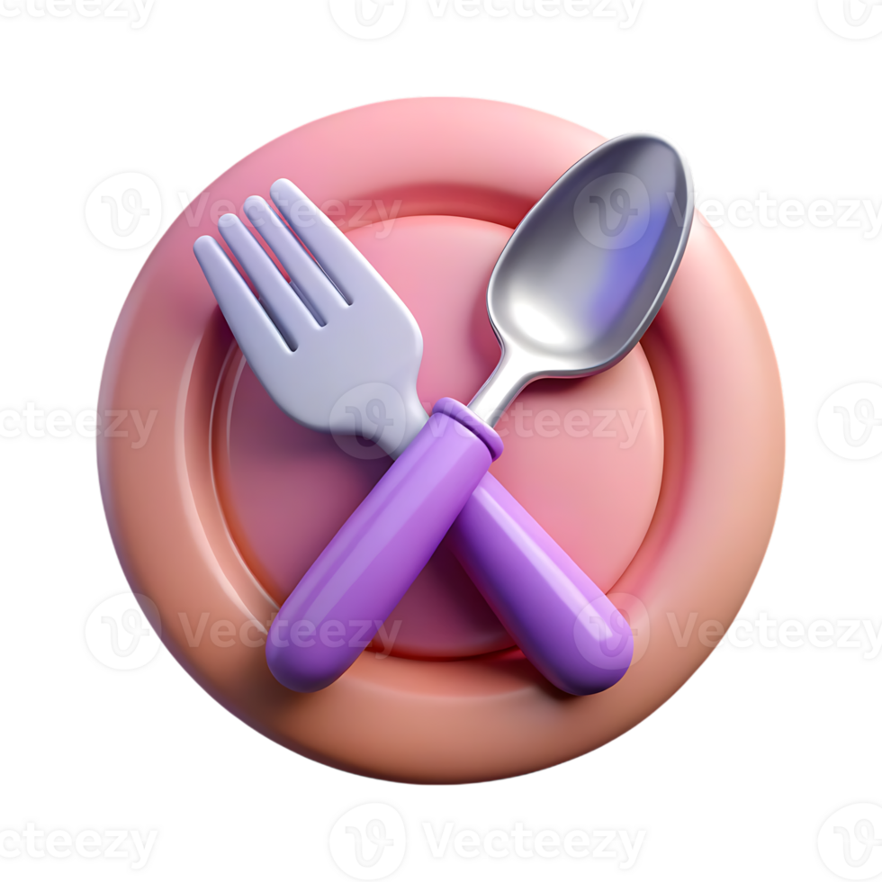 Cute 3d rendered fork and spoon on a pink plate isolated on transparent background png