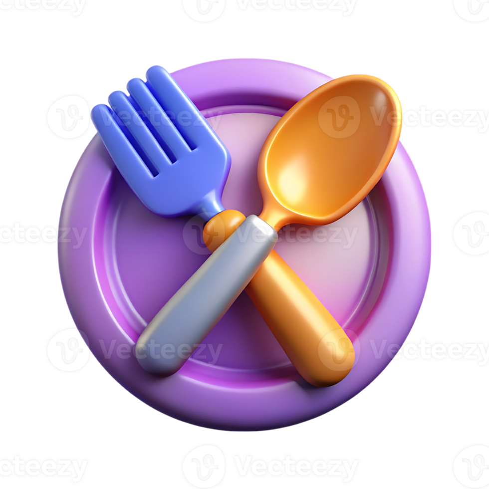 Cartoon style plate spoon and fork isolated on transparent background png