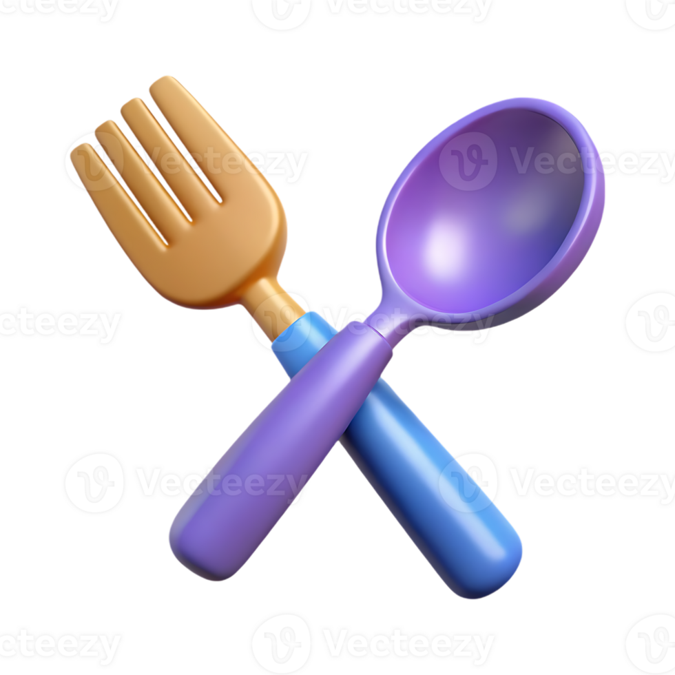 Stylized 3d rendered fork and spoon set isolated on transparent background png