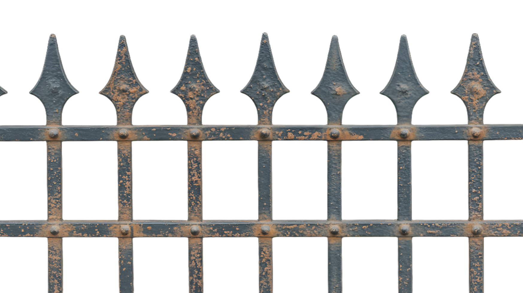 A close up of a metal fence with spikes png