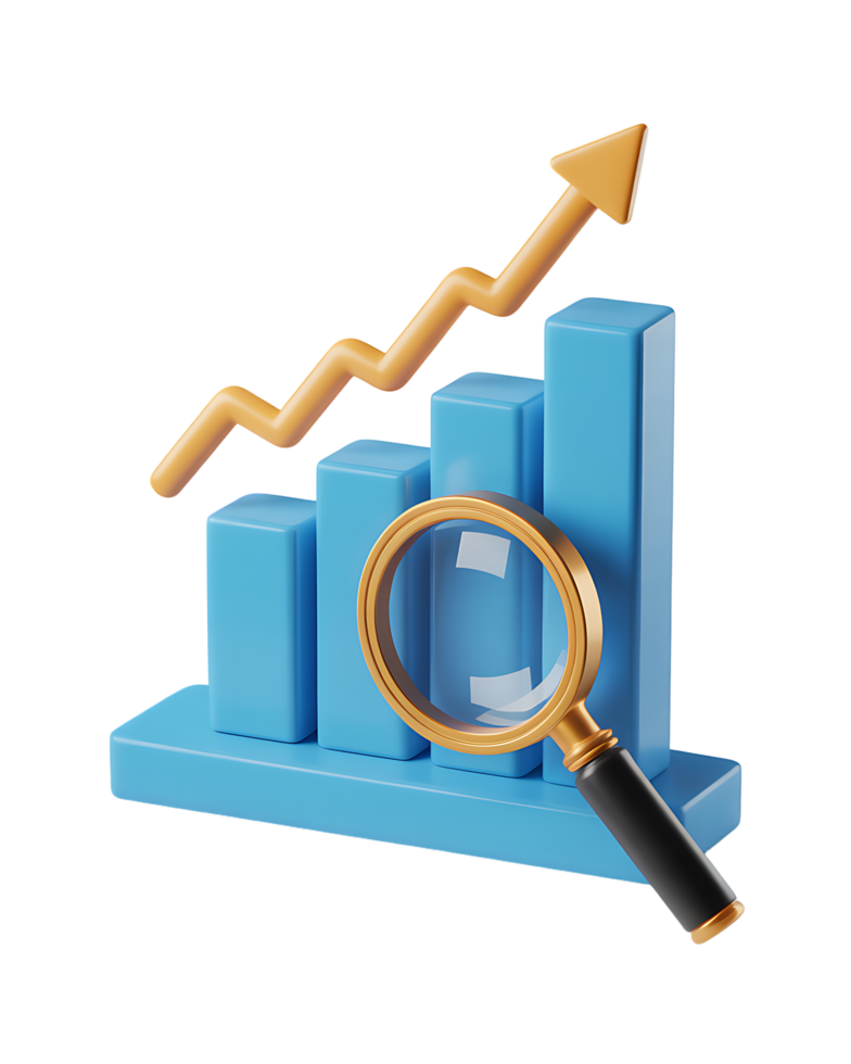 Examining business growth with a magnifying glass focused on a rising bar graph and arrow, isolated on a black background. png