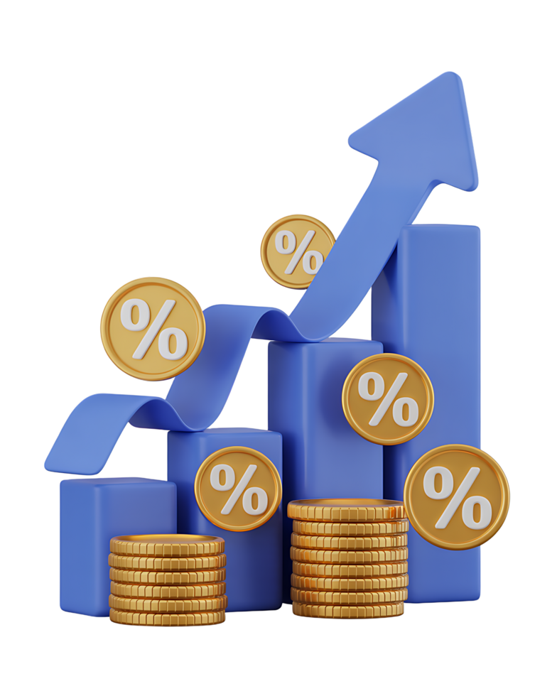 Gold coins and a graph with a percentage sign png