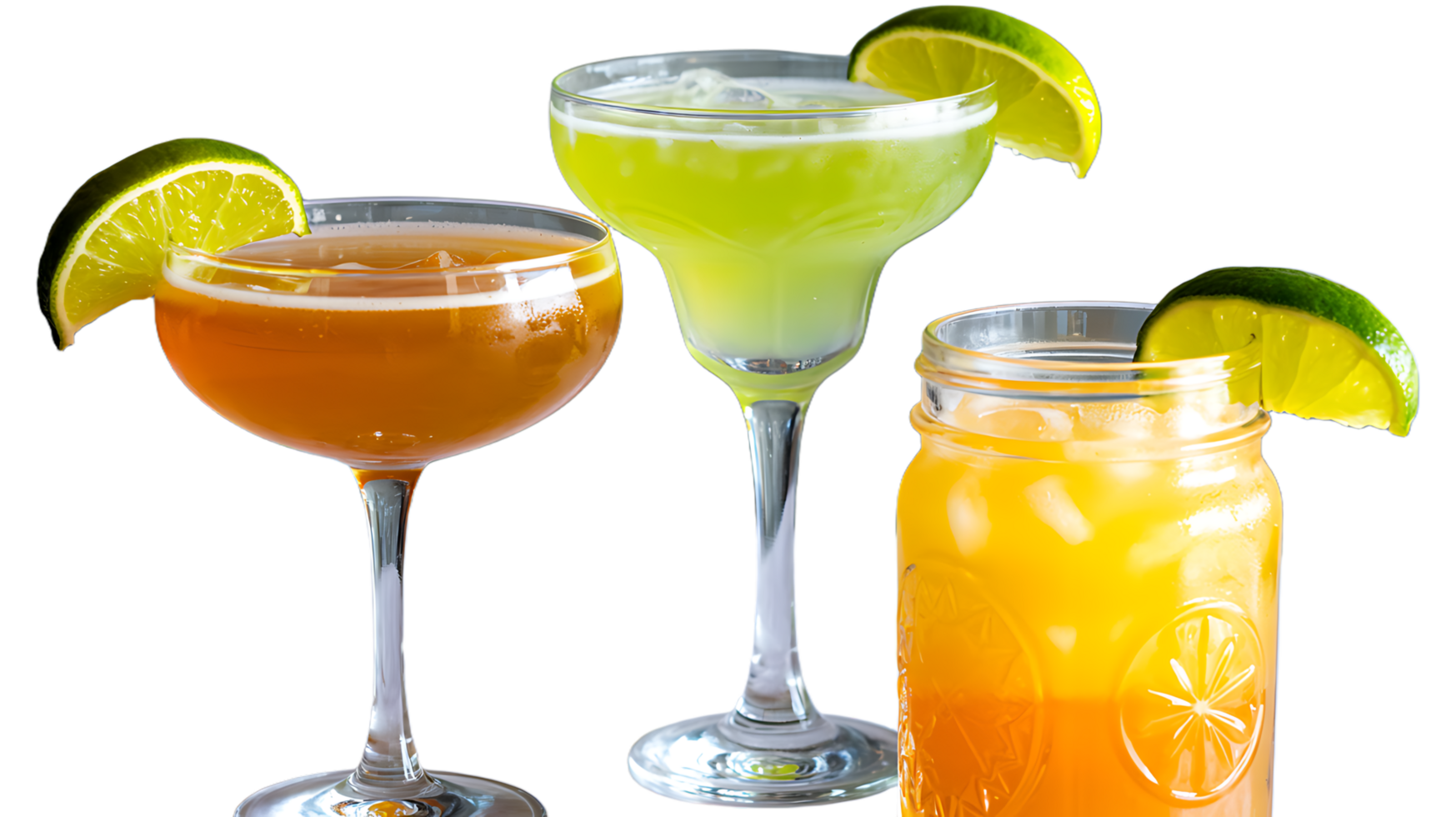 Three different types of drinks in glasses png