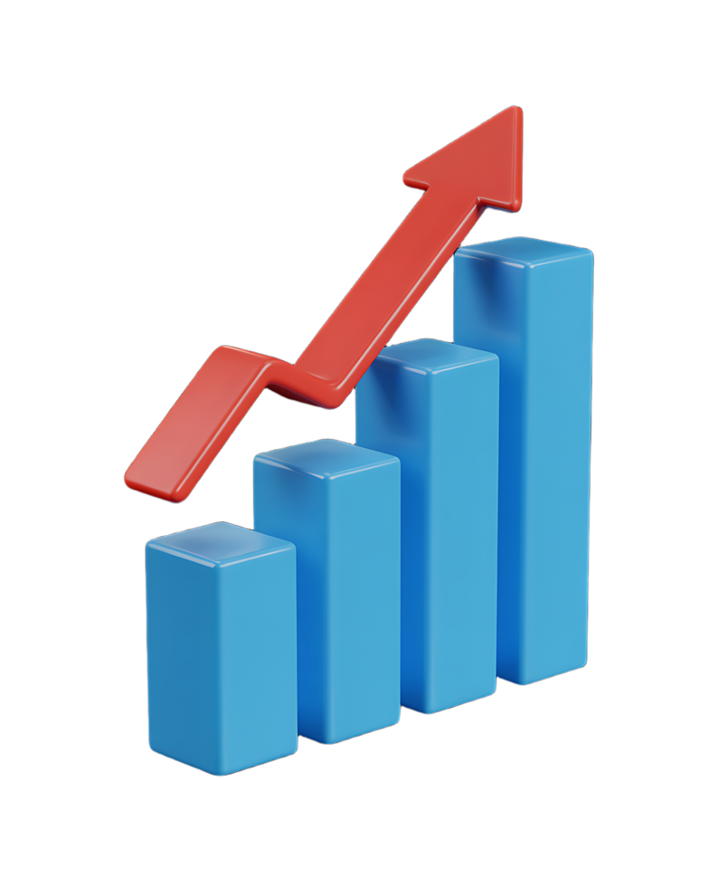 A red arrow is going up on a bar chart png