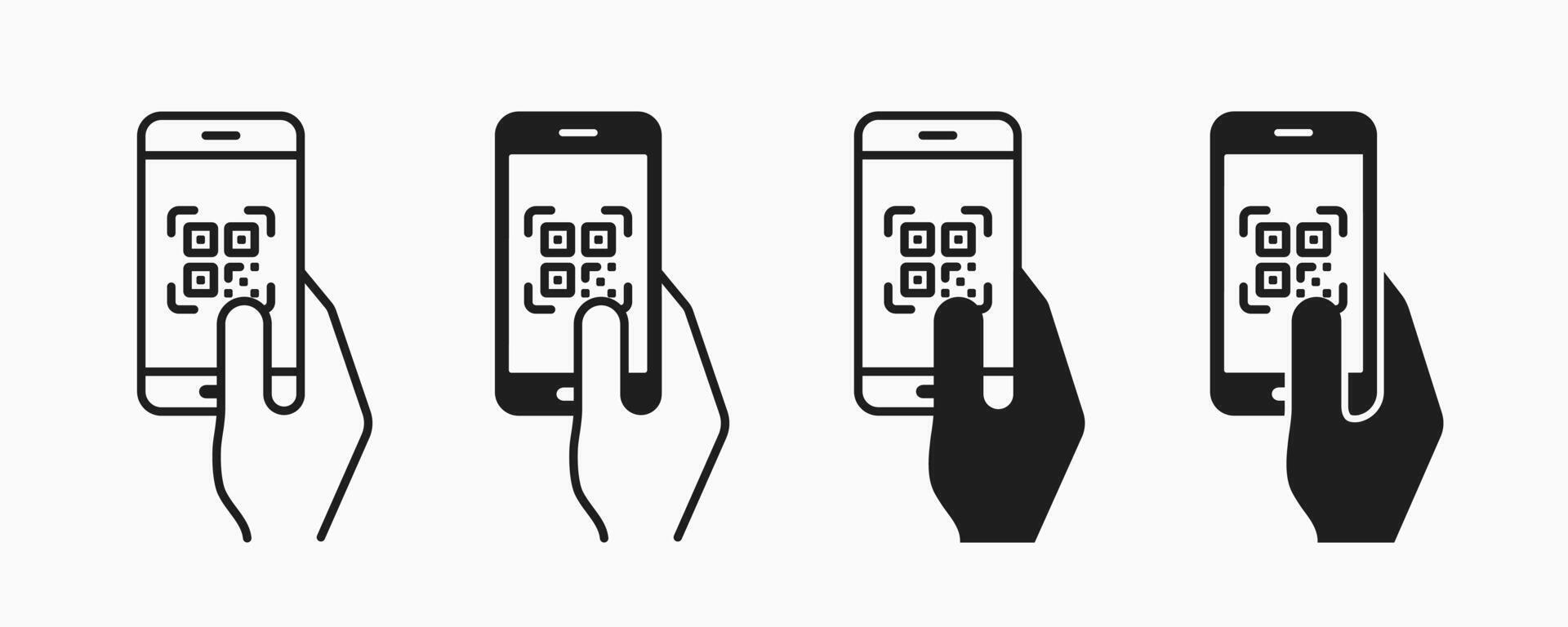 QR code icon. QR code scanning icon set. Mobile phone scanning QR code . Hand holding a phone with a scanner symbol. vector