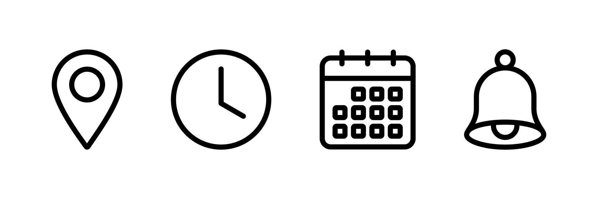 Date, Time, Address, and Notification icon set. Calendar, address, location pointer, and alarm bell icons. Notice alert, Notification, schedule, time clock icons vector