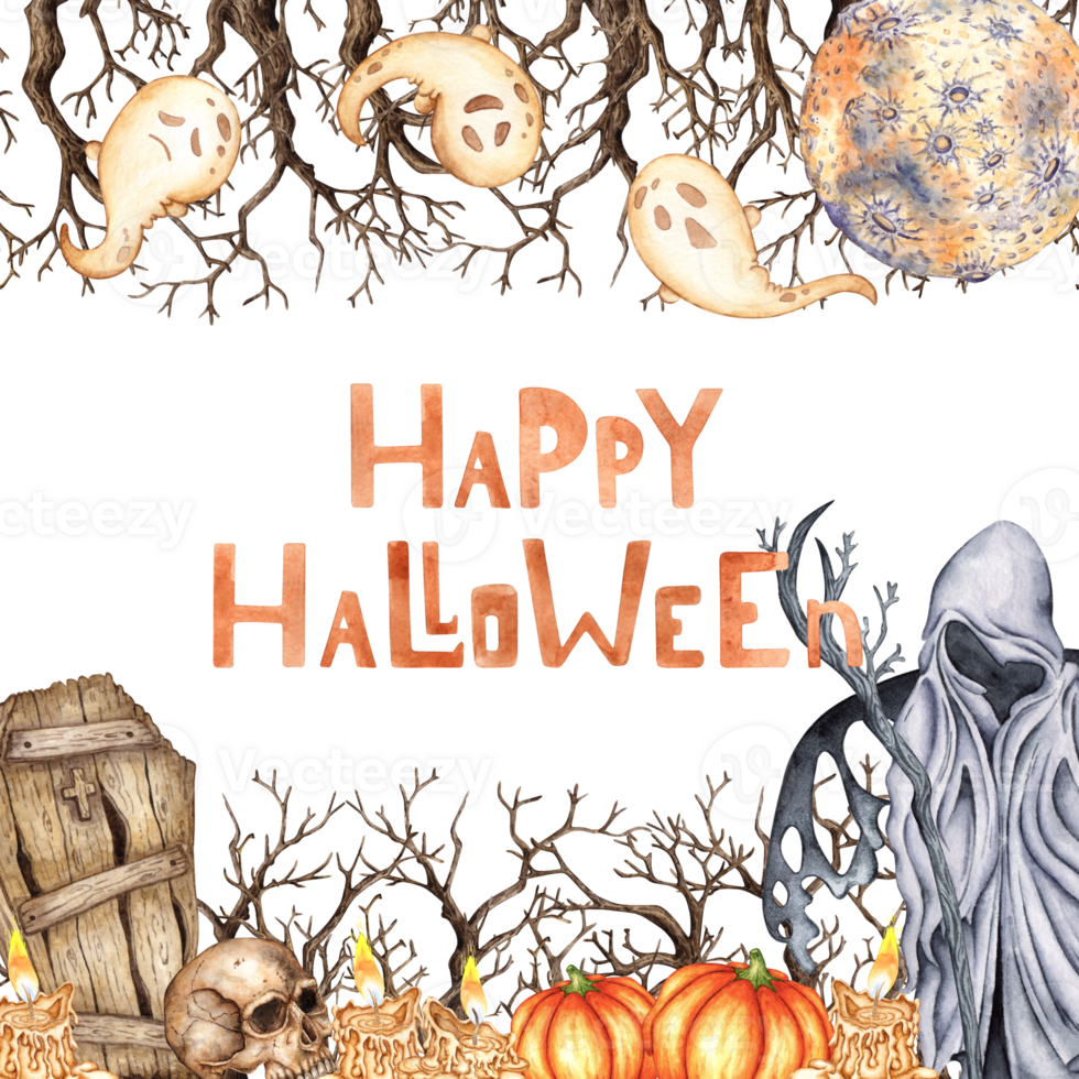Reaper dry branches moon ghosts frame watercolor png