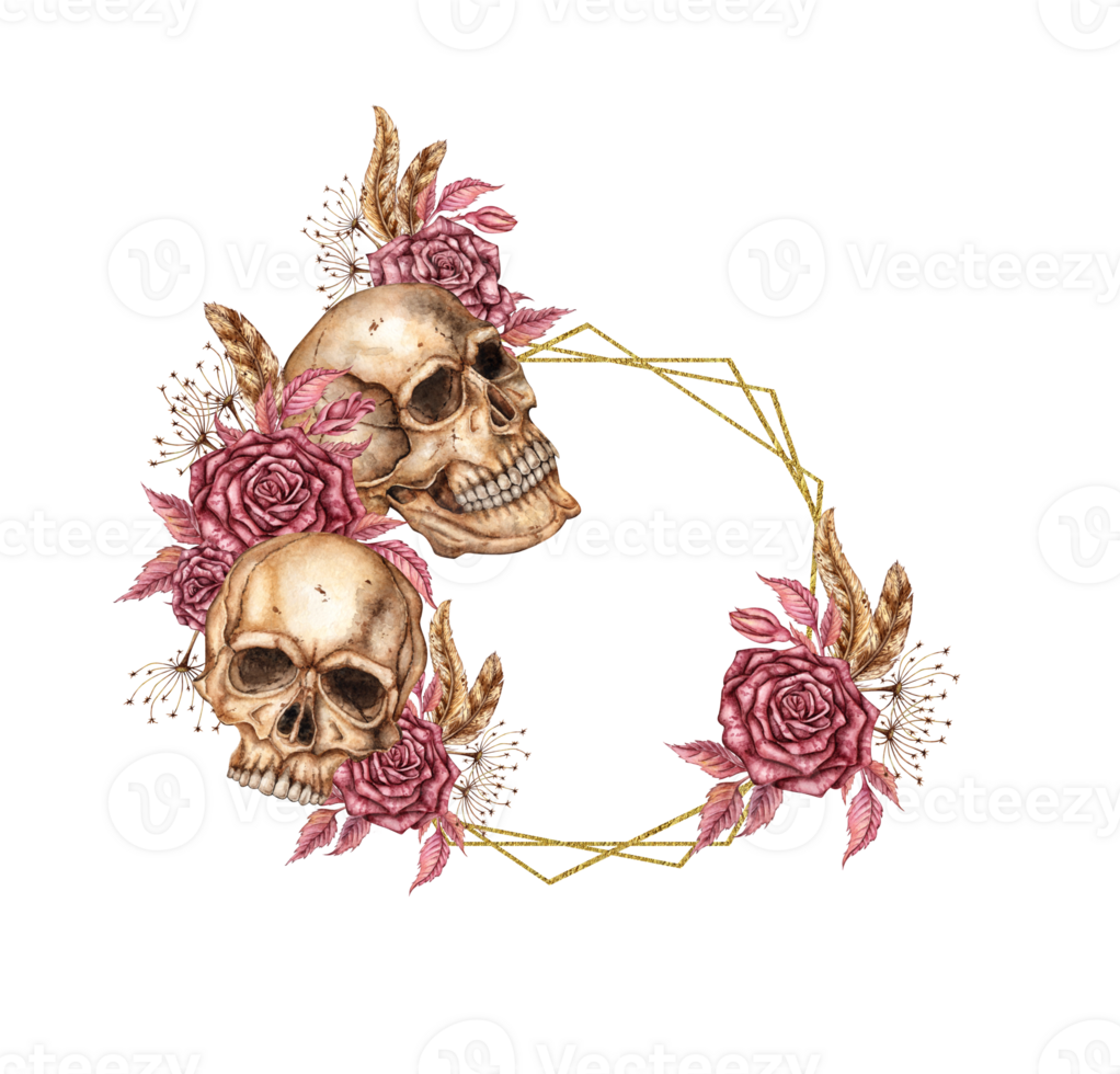 Roses gothic and skulls frame circle watercolor png
