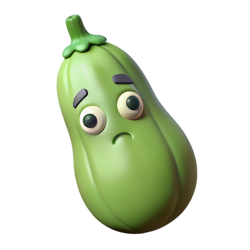 Sad zucchini cartoon character 3d render isolated on transparent background png