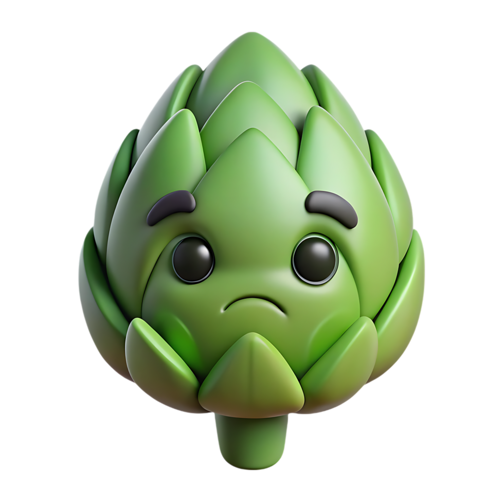 Sad cartoon artichoke 3d render isolated on transparent background png