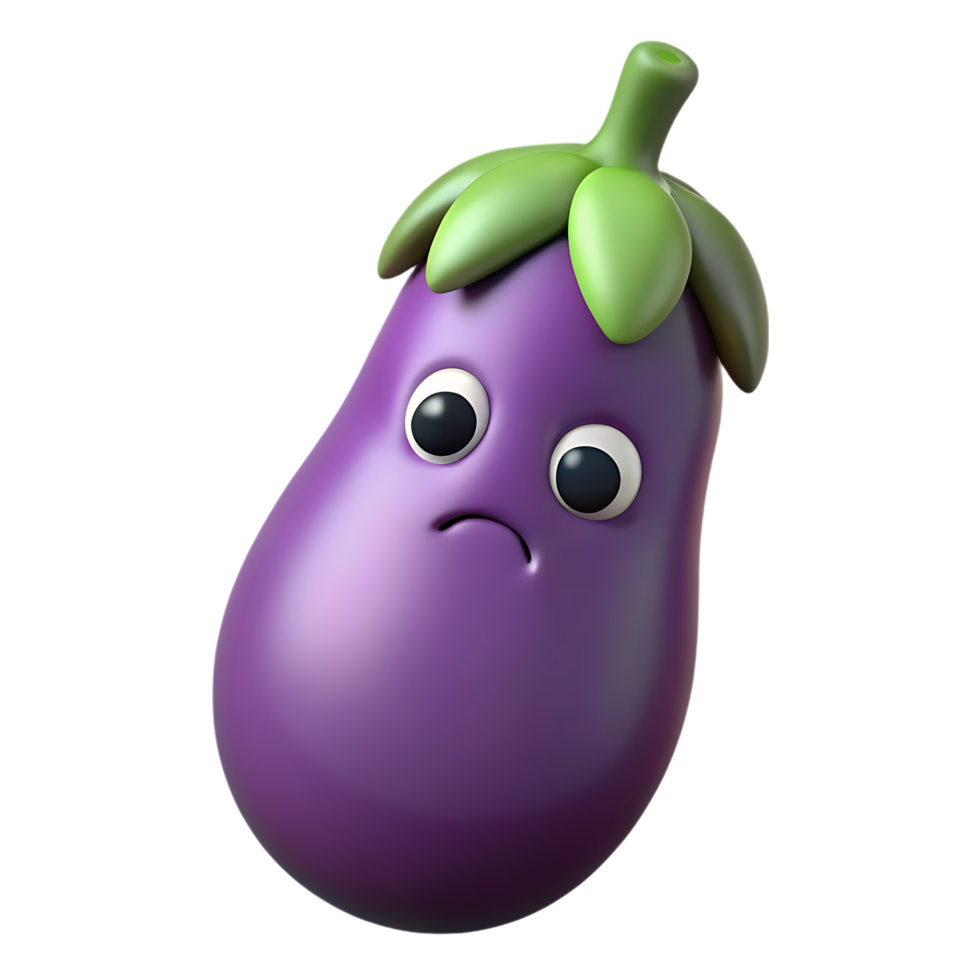 Sad cartoon eggplant character isolated on transparent background png