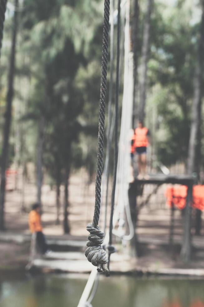 A rope is hanging from a bridge over a pond photo