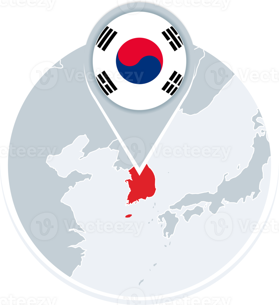 South Korea map and flag, map icon with highlighted South Korea png