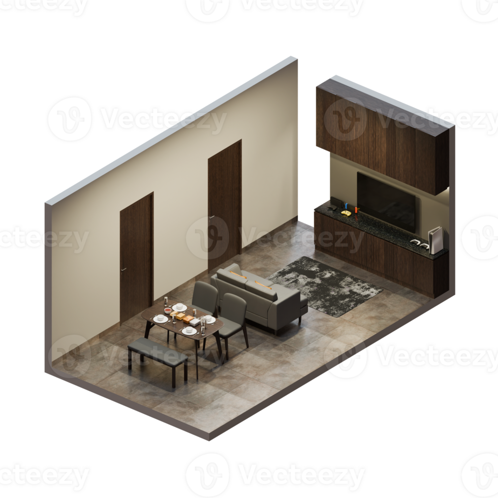Isometric Open Space Interior Living Dining Room png