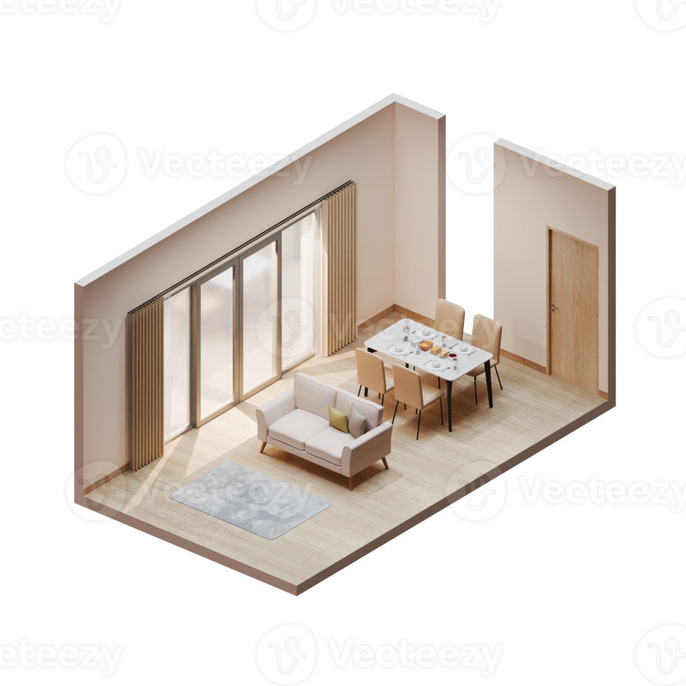 Isometric Dining Living Room With Wooden Floor png