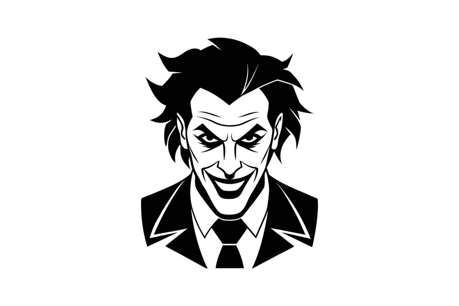 Sinister Clown Face with Evil Grin and Suit in Black and White Silhouette Style silhouette vector