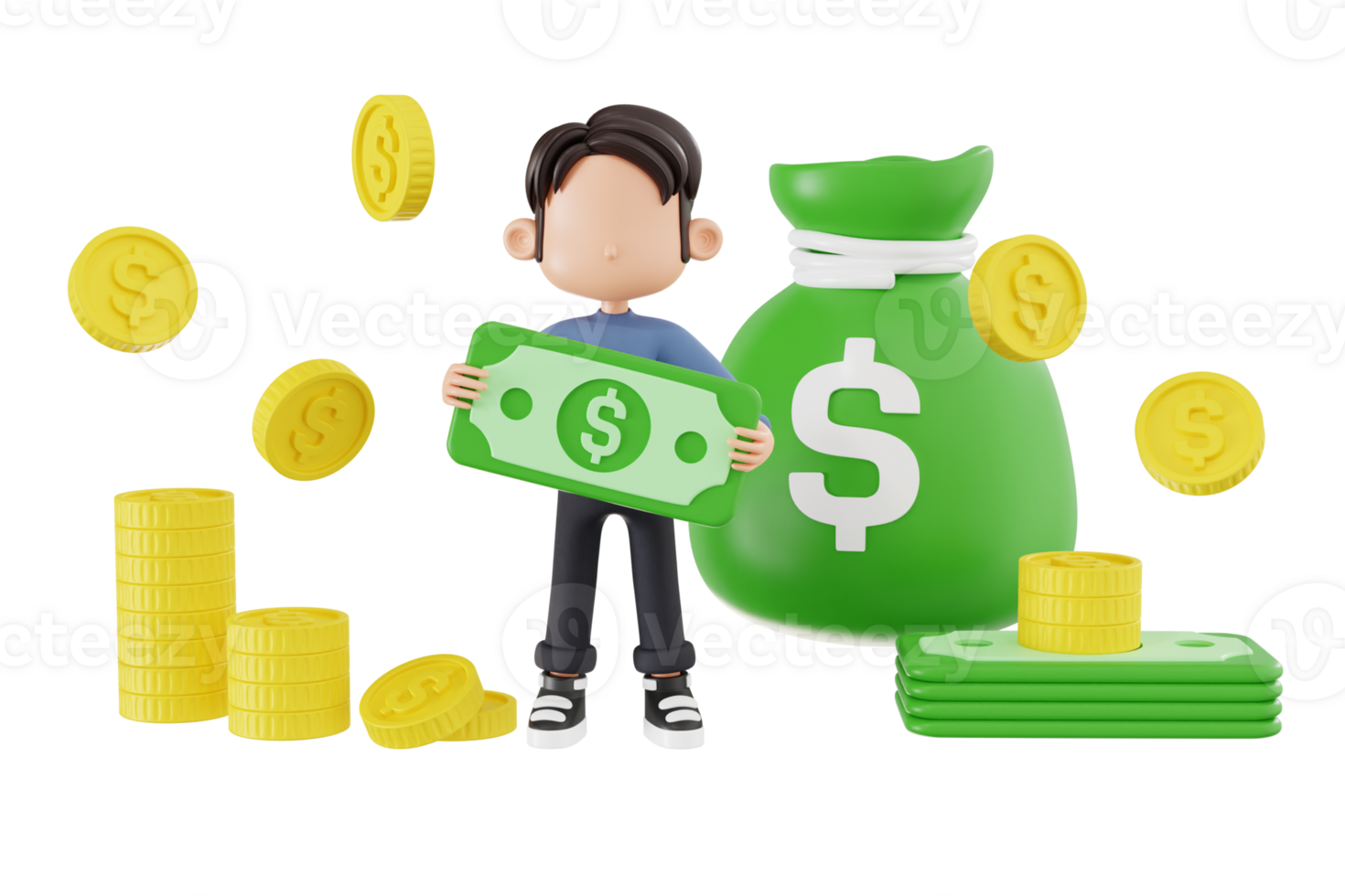 3d businessman with money bag and cash png