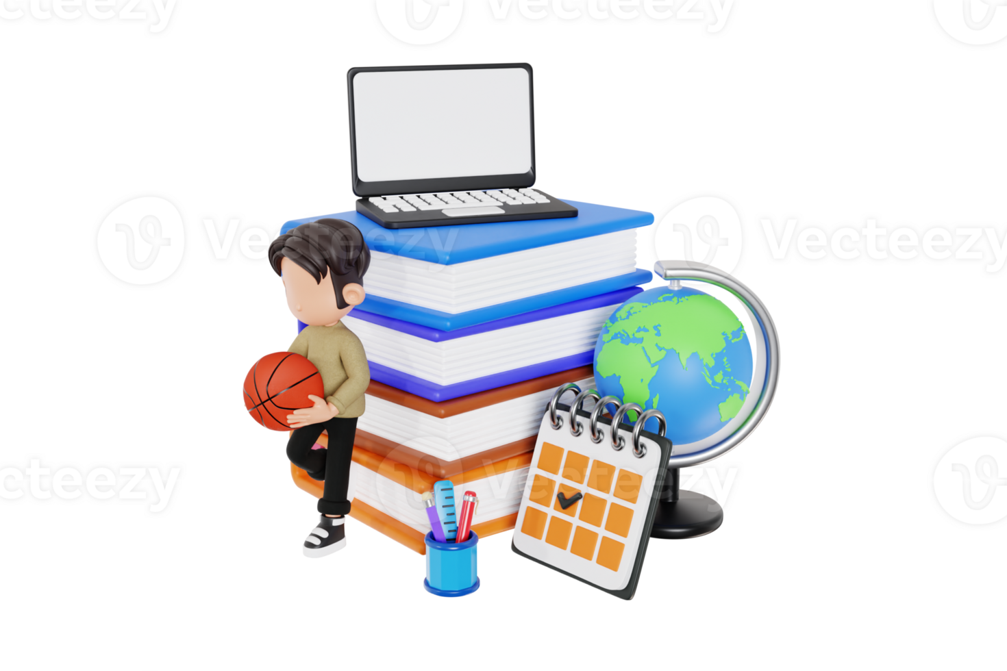 3d student with basketball and school supplies png