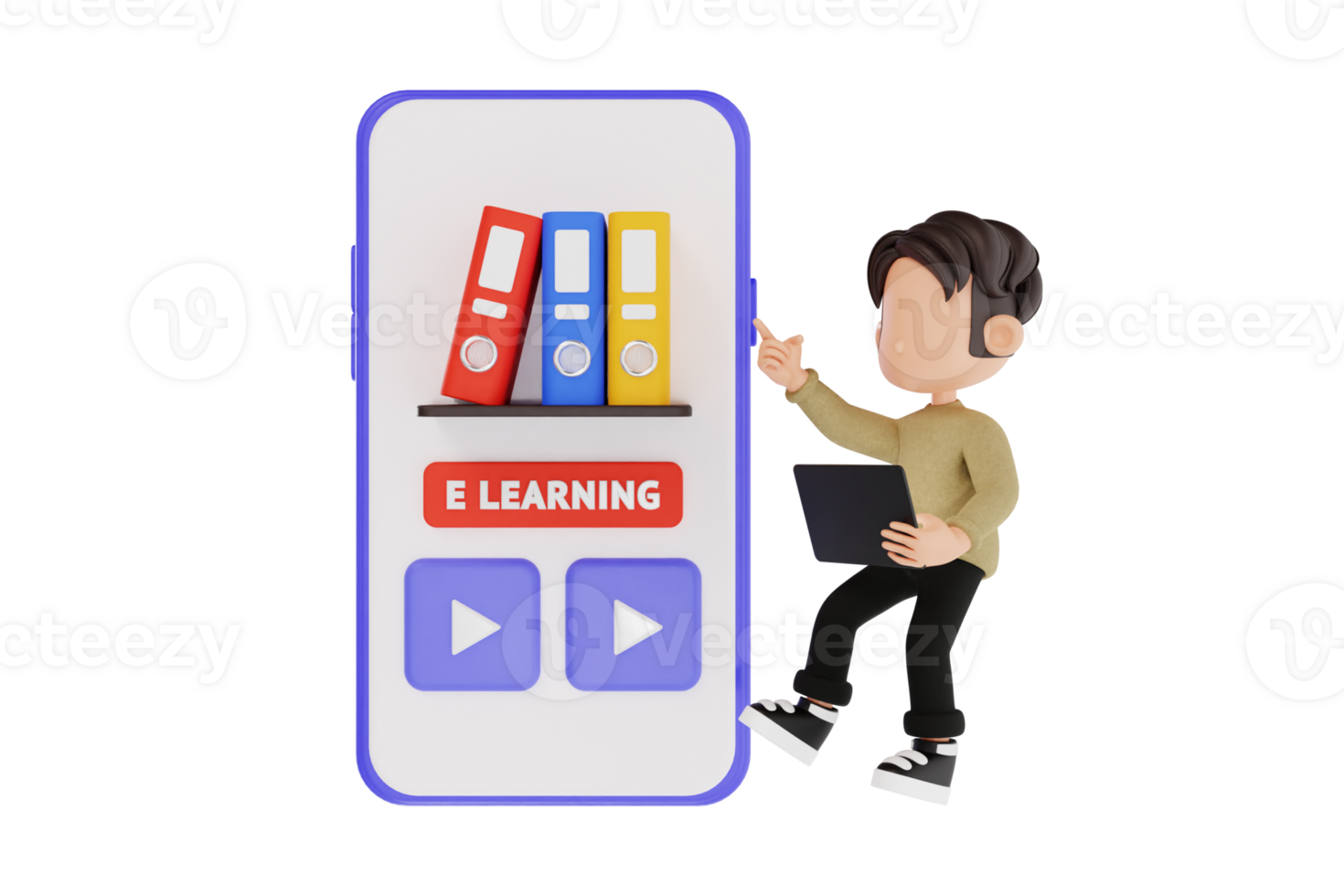 3d character using e-learning app on smartphone png