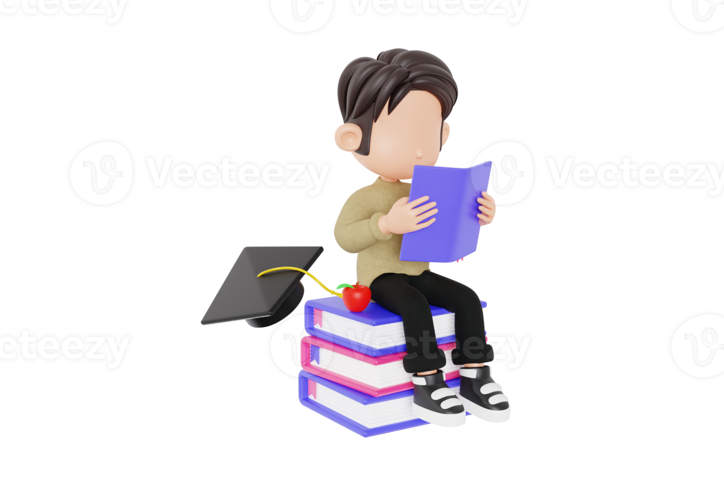 3d student character reading on a stack of books png