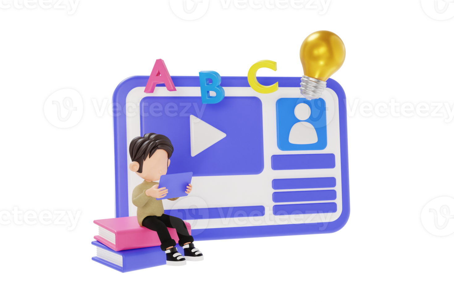 3d character learning alphabet from online course png