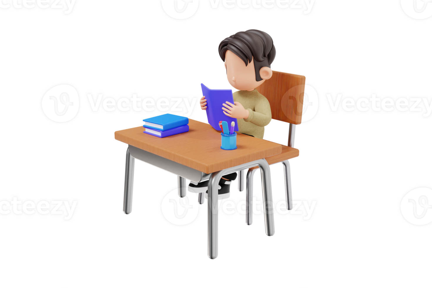 3d student reading a book at a school desk png