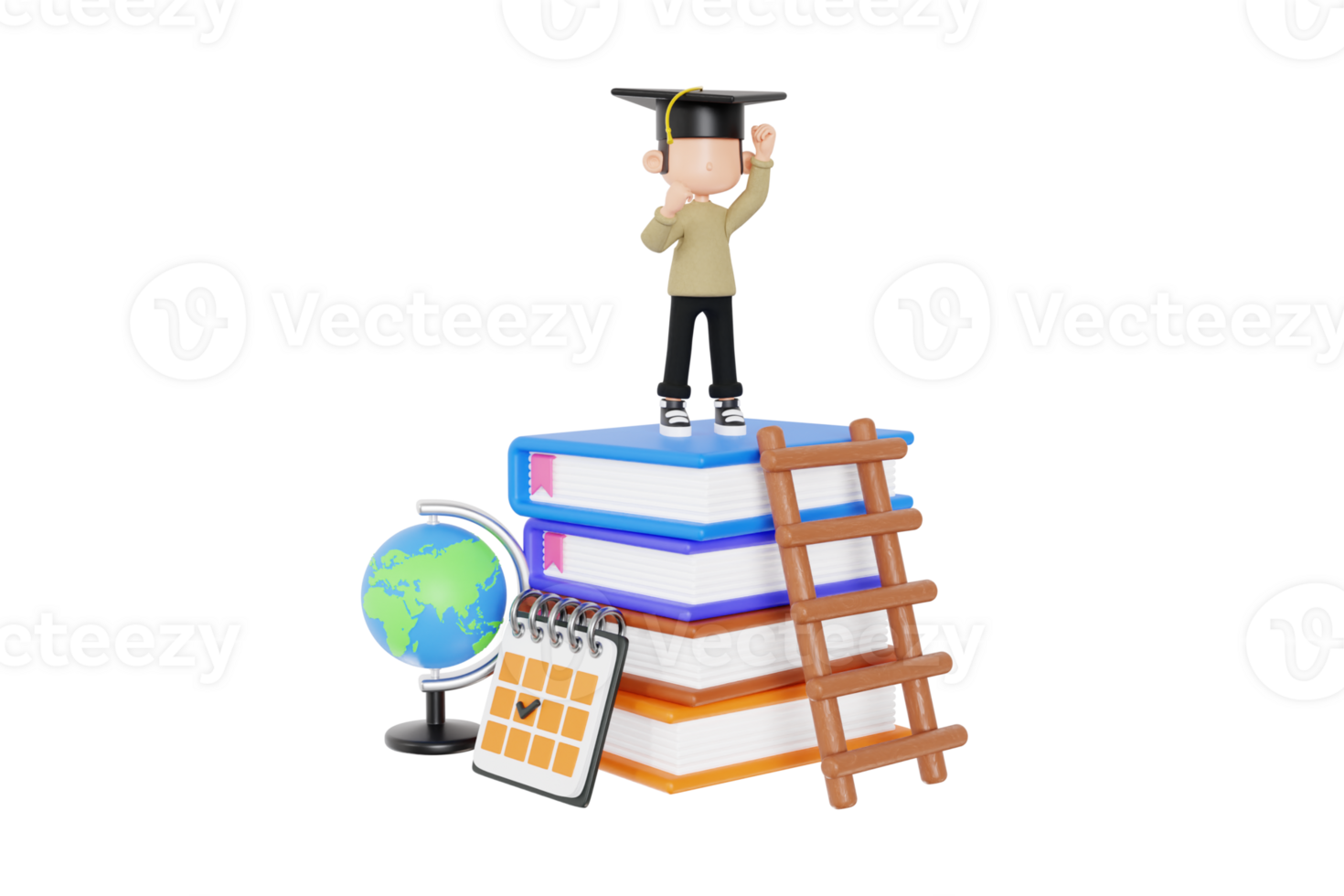 3d graduate character achieving study goal png